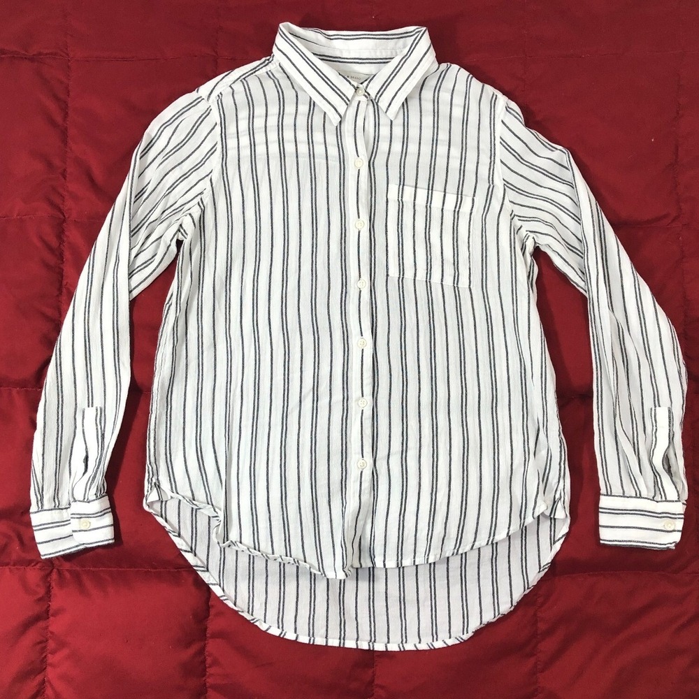 Lucky Brand Shirt Women's Small White Black Striped Button Up Long Sleeve Top